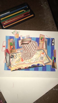a drawing of a table with colored pencils on it