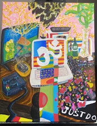 a painting of a laptop and other items on a table