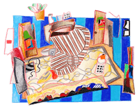 a drawing of a room with a striped floor